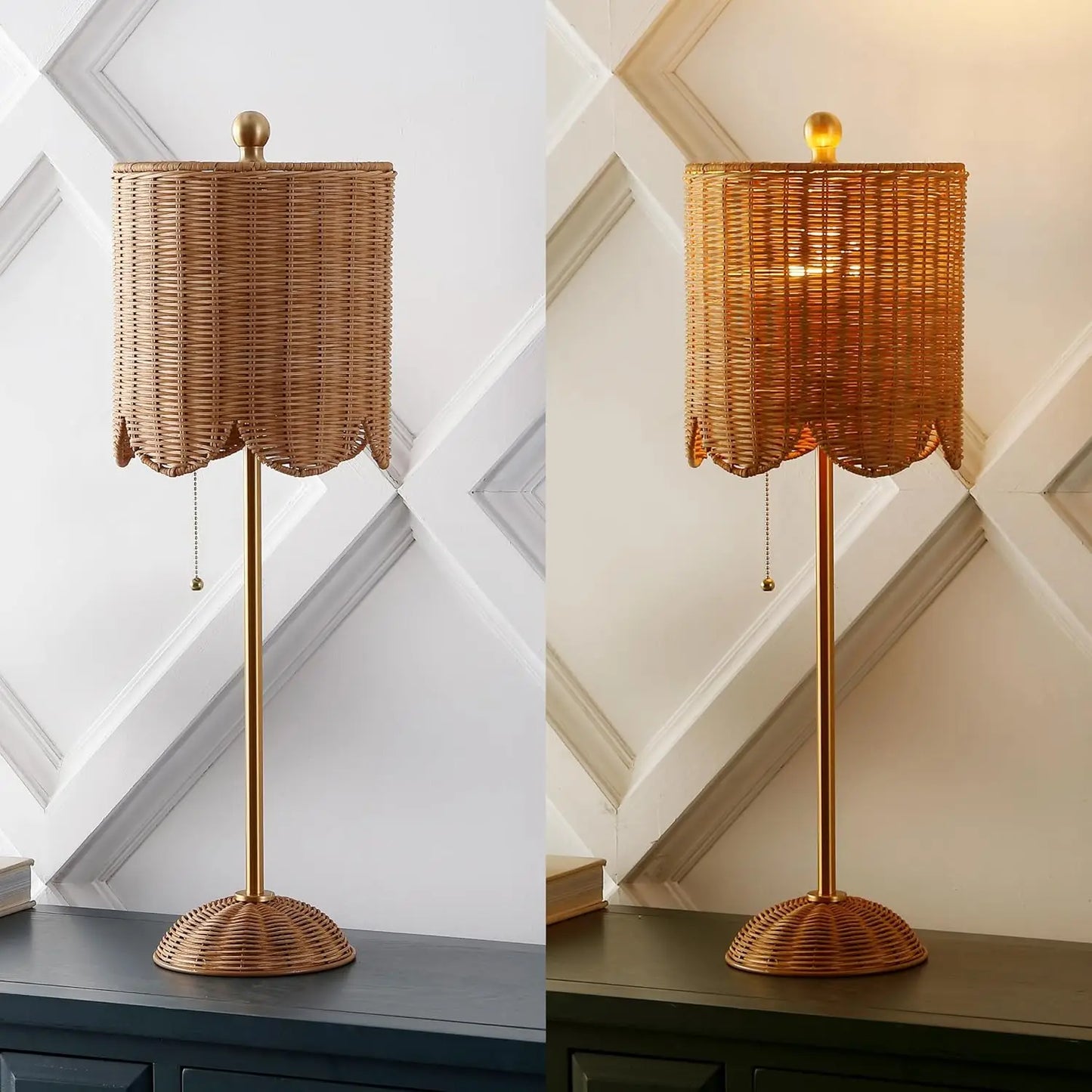 Coastal Bohemian Rattan and Iron Scalloped LED Table Lamps
