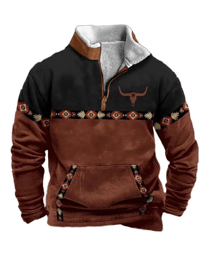 Men'S Vintage Western Hoodie with Aztec Cowboy Design - Beige & Gray Zip-Up Pullover