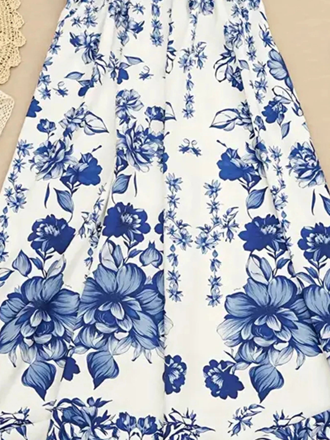 2025 New Blue and White Floral Print Women's Long A-Line Dress, Open Chest Collar