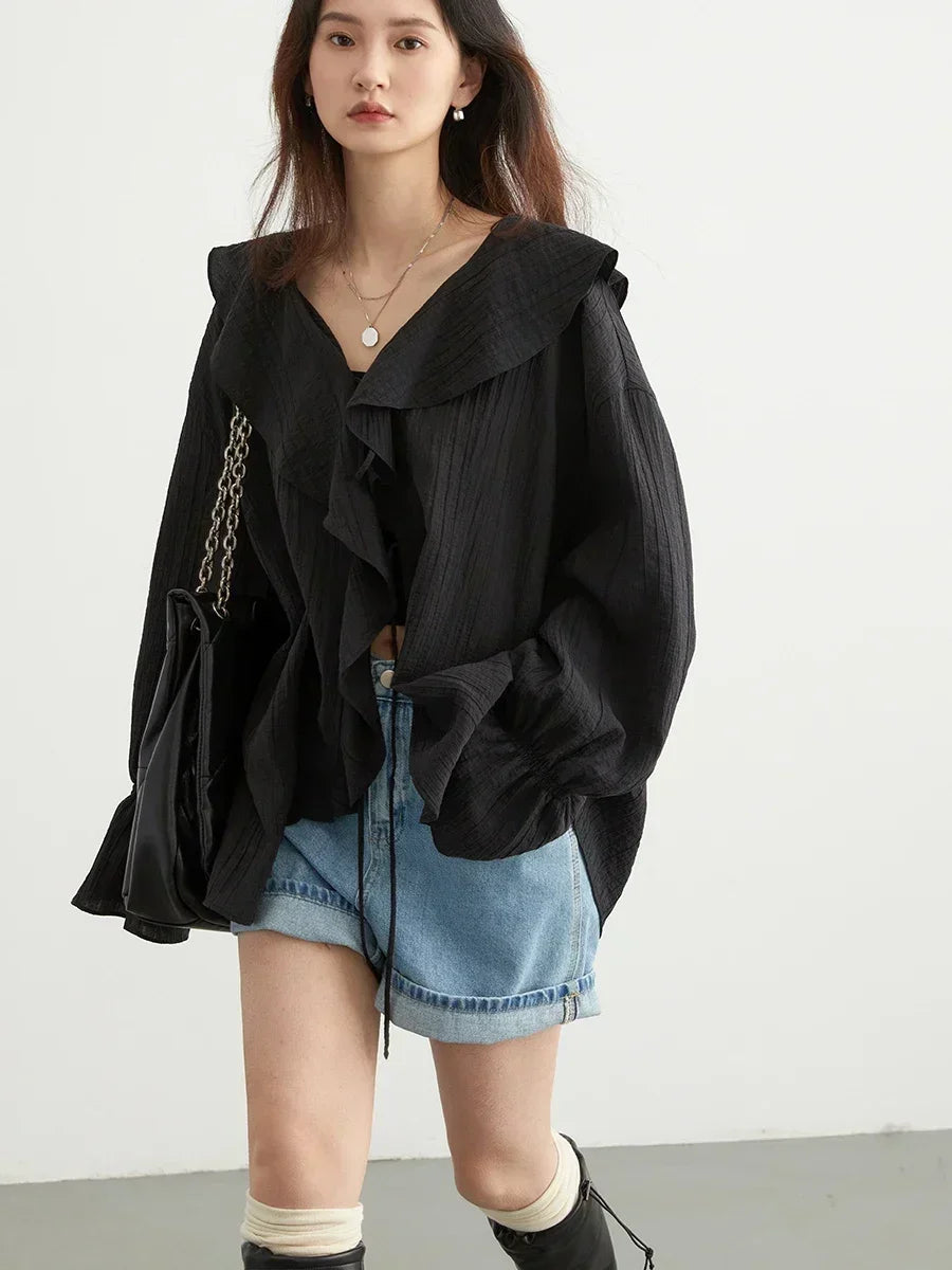 CHIC VEN Women Shirt Loose Casual Ruffled Edges Female Blouses
