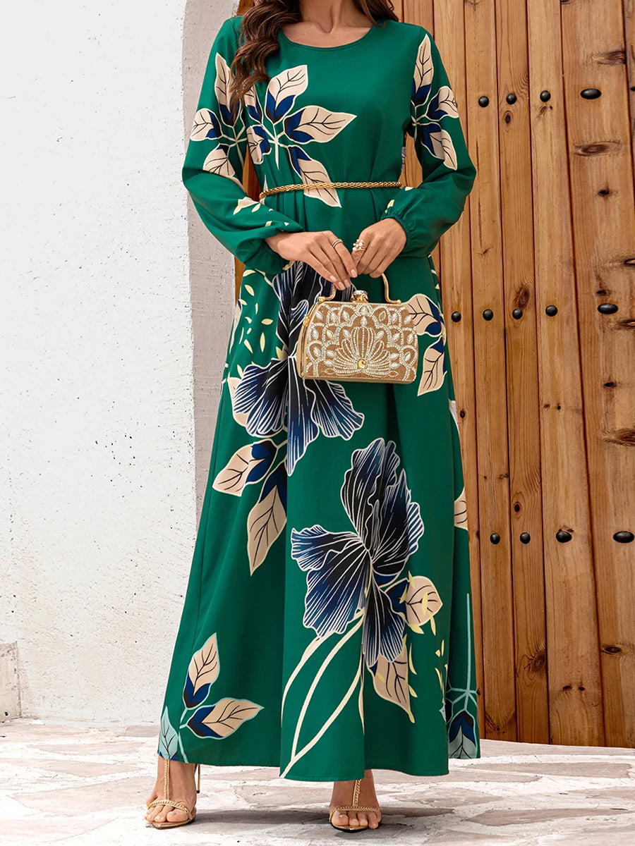 Elegant Floral Print Maxi Dress with Flowy Silhouette and Long Sleeves