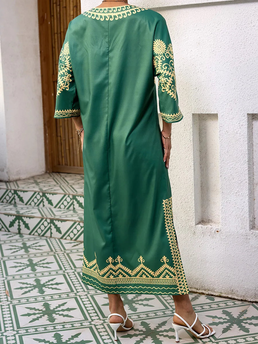 Elegant 3 4 Sleeve V-Neck Maxi Dress with Retro Print Perfect for Ramadan