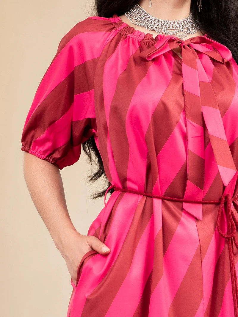 Elegant style Ruffle collar Stripe Color contrast Pocket Bandage Puff sleeve