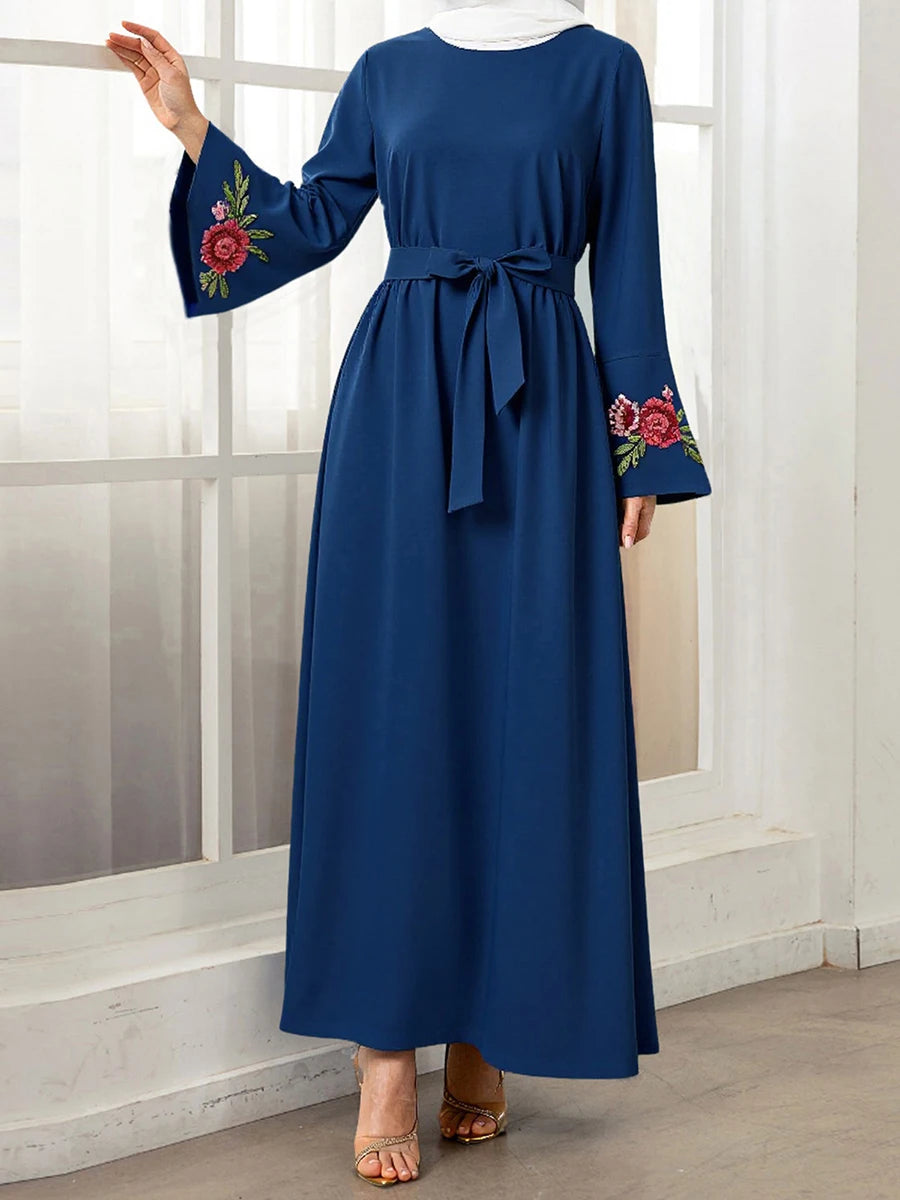 Elegant Floral Patterned Abaya Dress with Belt and Flare Sleeves Round Neck