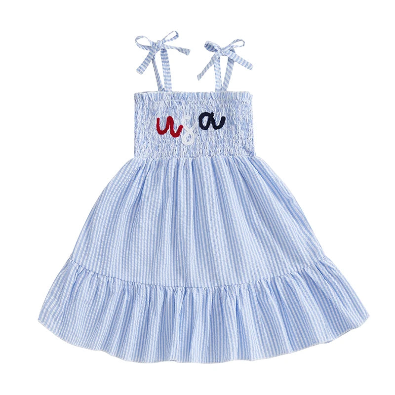 Cute Baby Girl Sleeveless Dress with Adjustable Spaghetti Straps Embroidered Letters