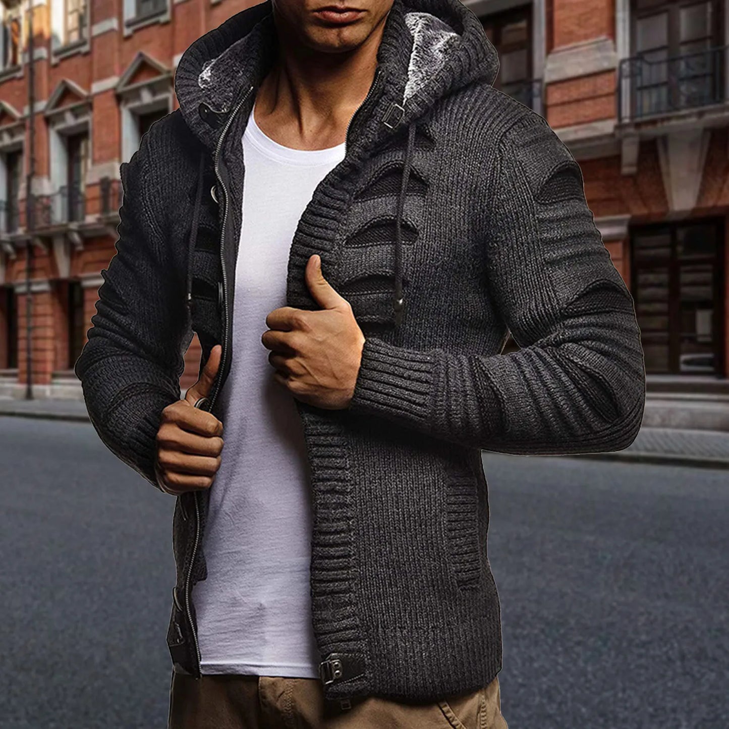Hooded Cardigan Coat Windbreaker Knitwear For Men Korean Style