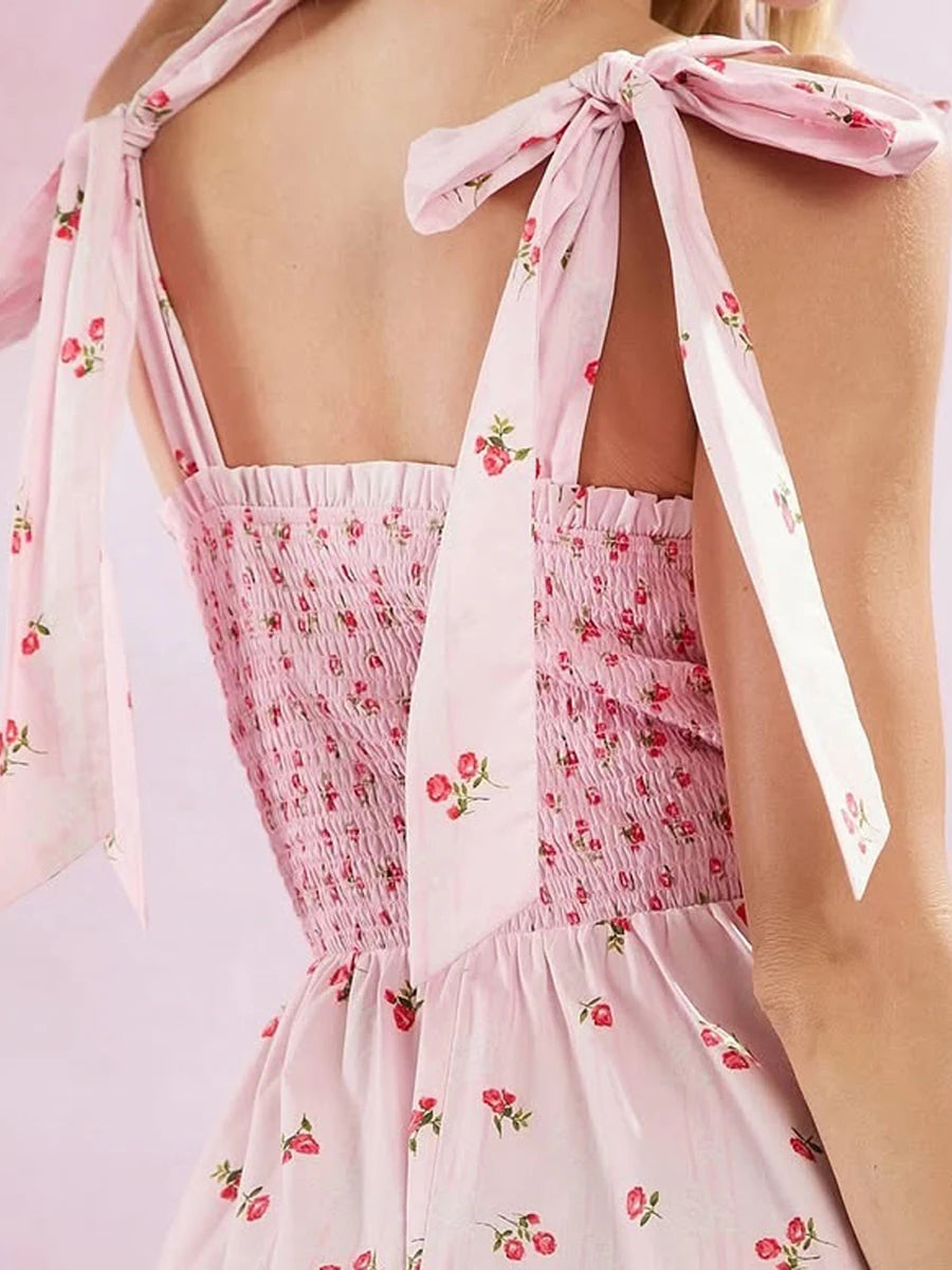 Elegant V-Neck Maxi Dress Sleeveless Floral Print Tie-Up Dress for Summer