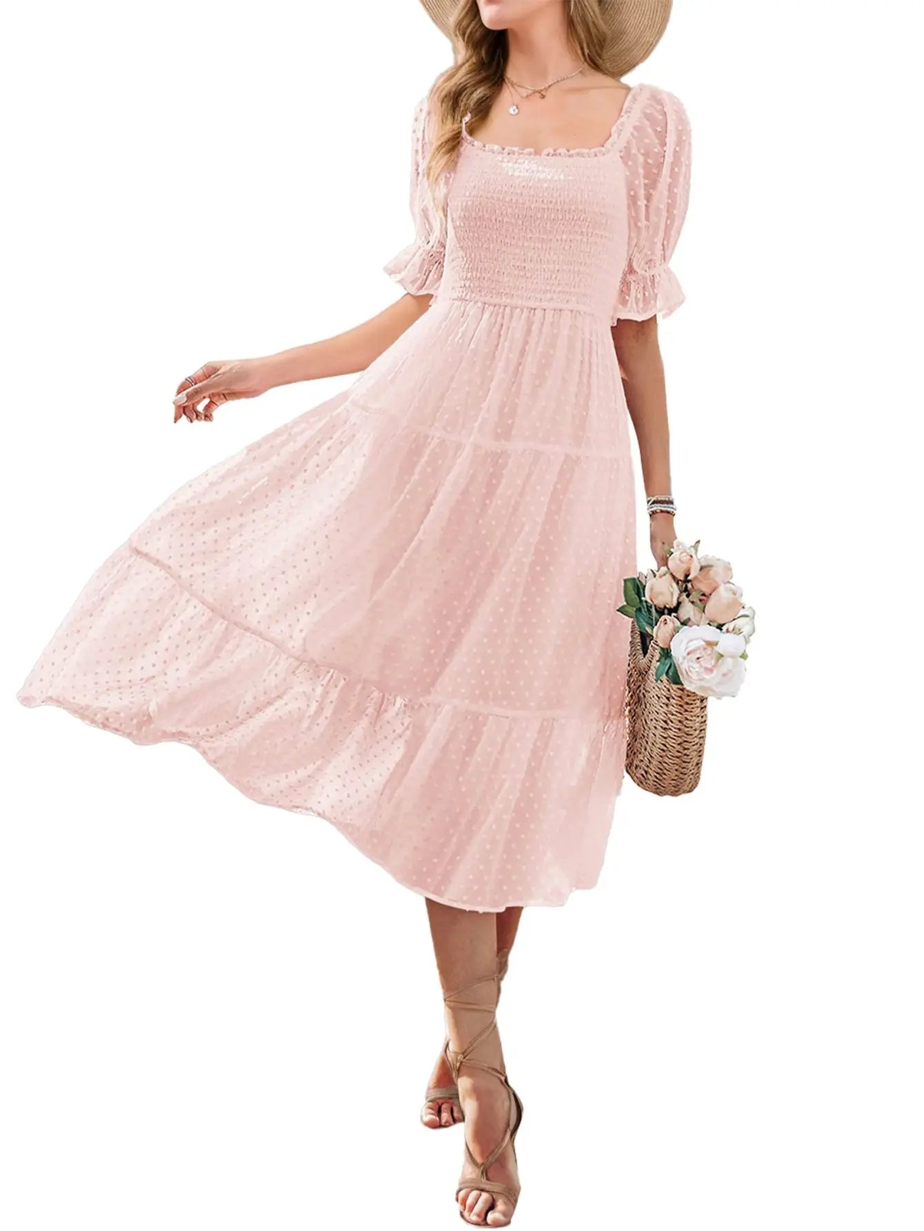 Women's Square Neck Puff Sleeve Boho Midi Dress Swiss Dot Ruffle Tie Back Dress