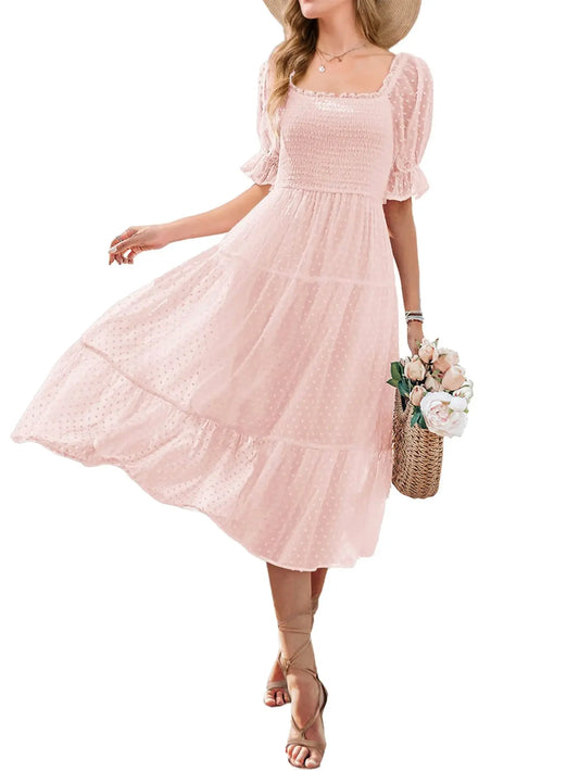 Women's Square Neck Puff Sleeve Boho Midi Dress Swiss Dot Ruffle Tie Back Dress