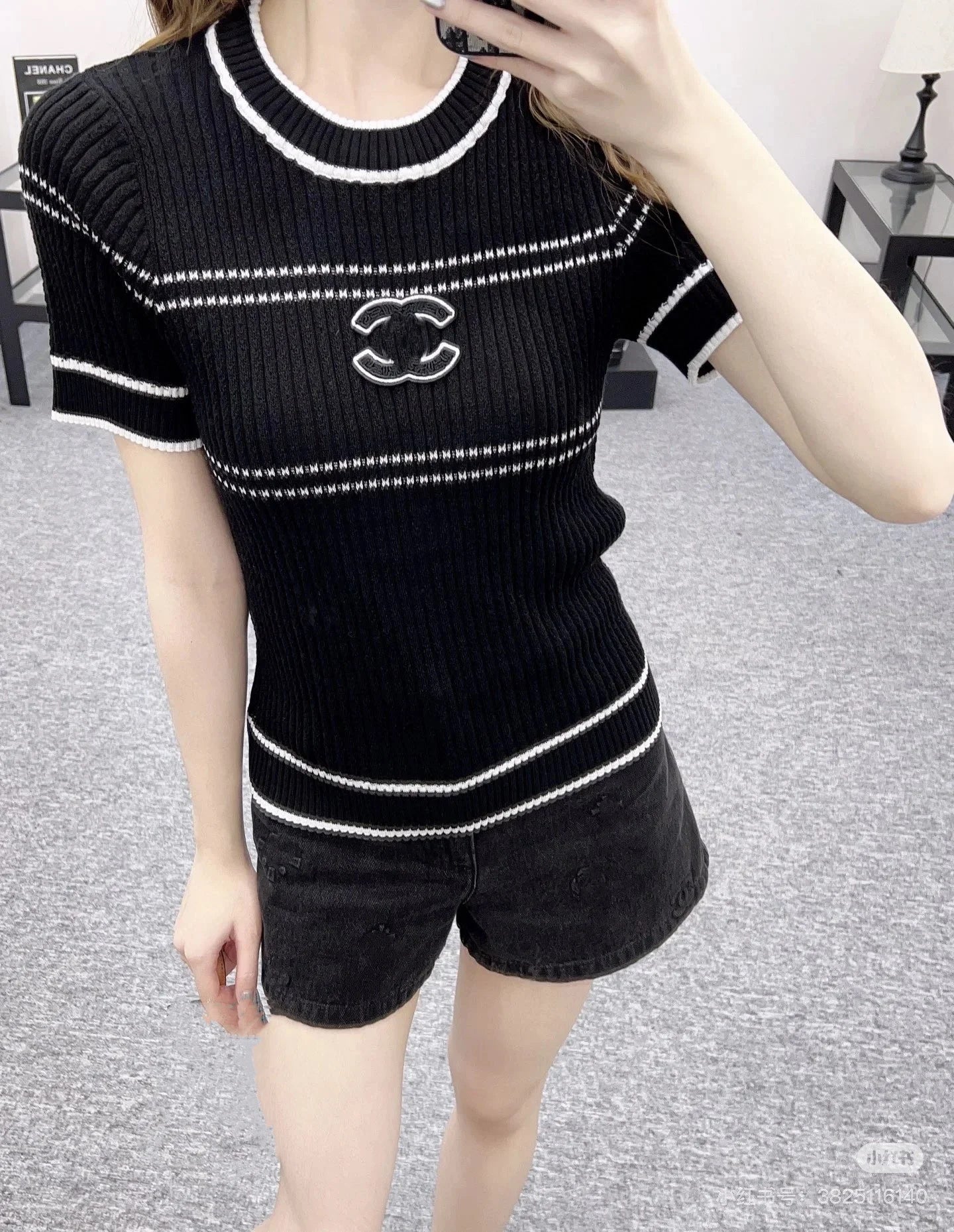 Summer Knitted Embroidered Striped Color blocked Top Fashionable Casual Wear Slim Women's T-shirt Breathable Round Neck Looks Th