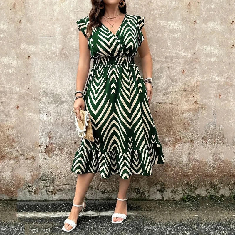 Casual Midi Skirt Women's Dress Elegant Arrow Stripe Print Tighten Slim Waist