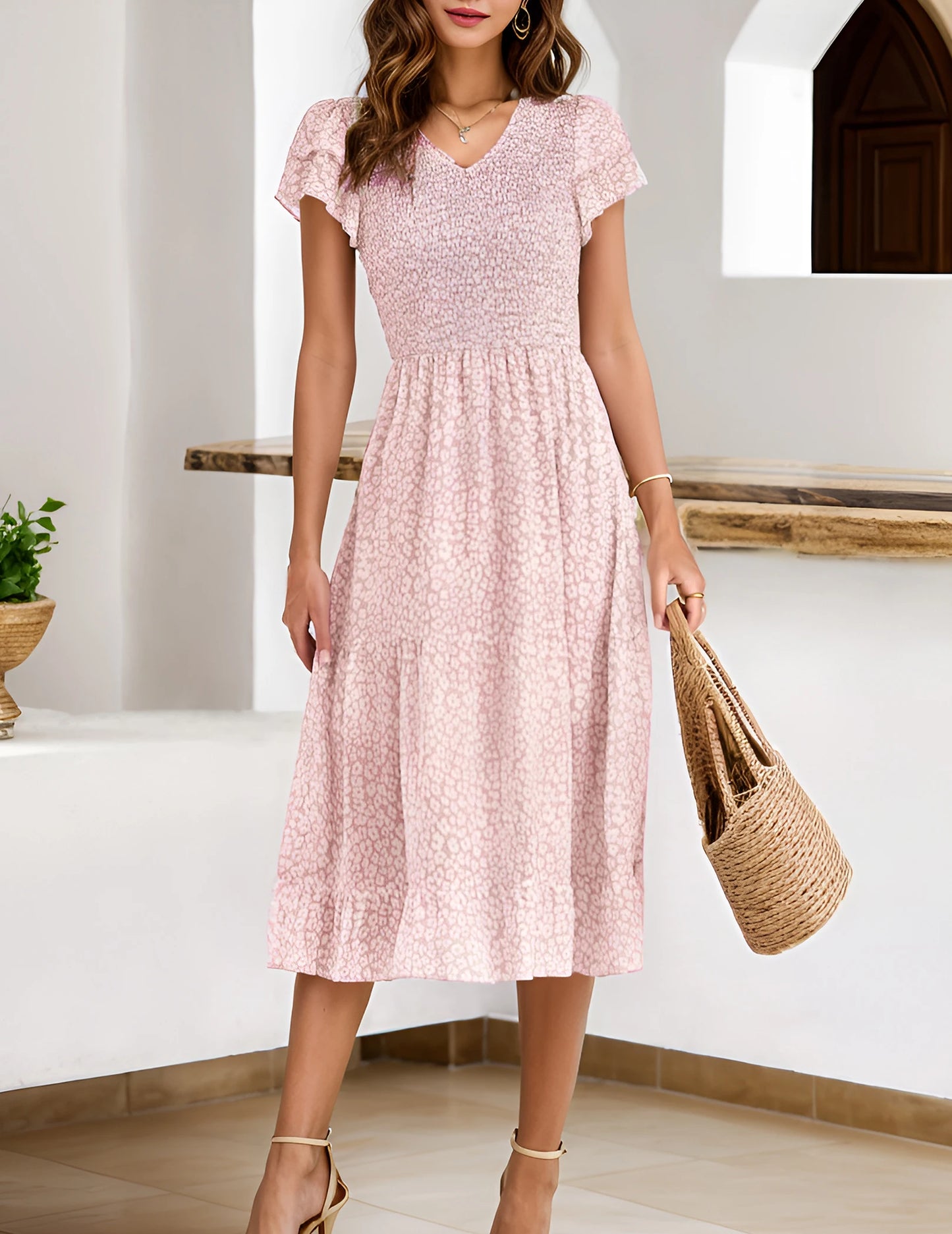 Women Casual Dress Summer Ruffles Tiered Sleeve Smocked Midi Dresses