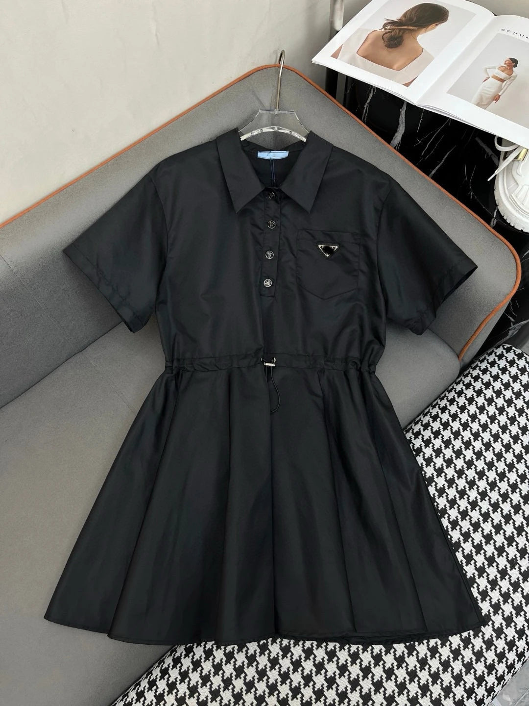 2025 New Women's Fashion Simple Solid Color Drawstring Waist  Short Sleeve Dress