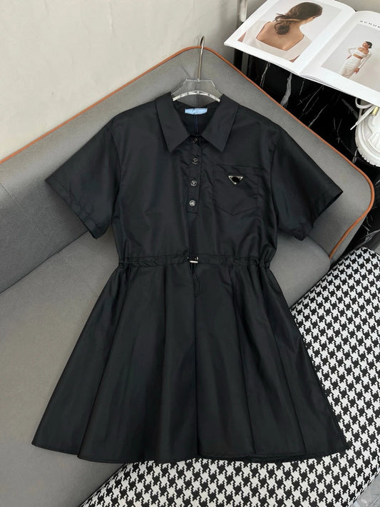 2025 New Women's Fashion Simple Solid Color Drawstring Waist  Short Sleeve Dress