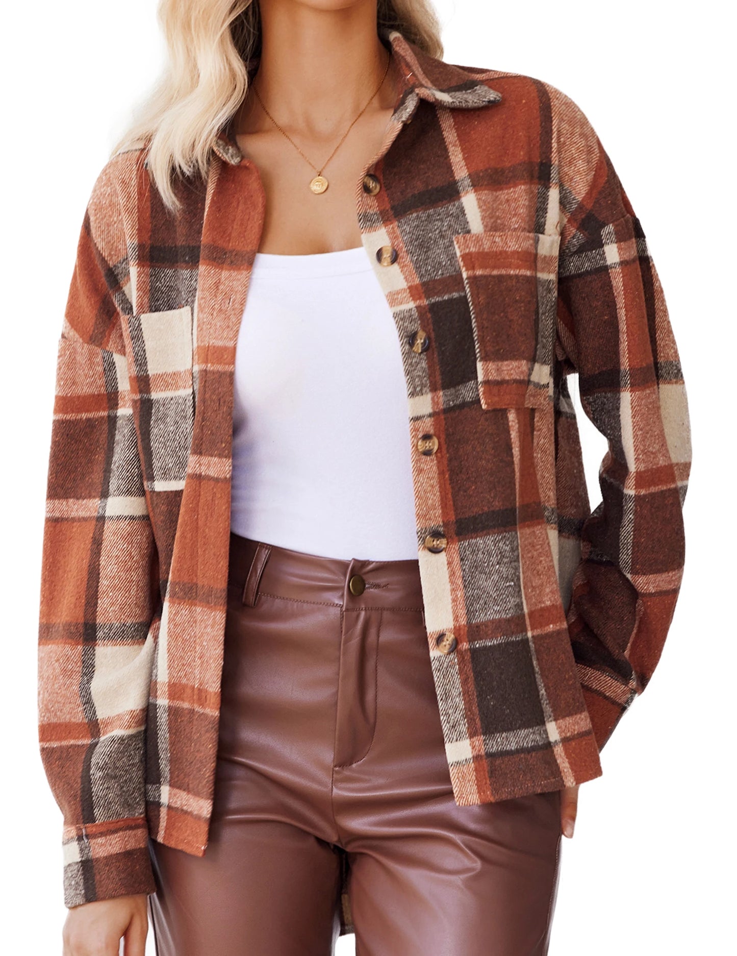 Women's Chequered Shirt Jacket, Long Sleeves, Loose Shacket, Flannel Shirt Blouse
