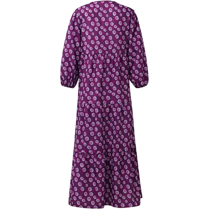 Casual Sommer Kleid Women's Dress Purple Buttons Elegant A-Linie Floral Skirt