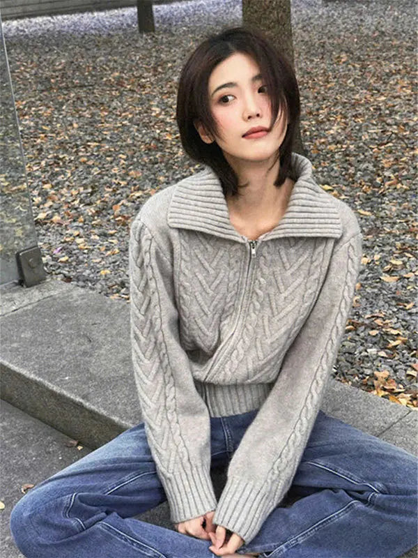 Tweed Lapel Zipper Cardigan Sweater for Women Vintage Knit Style