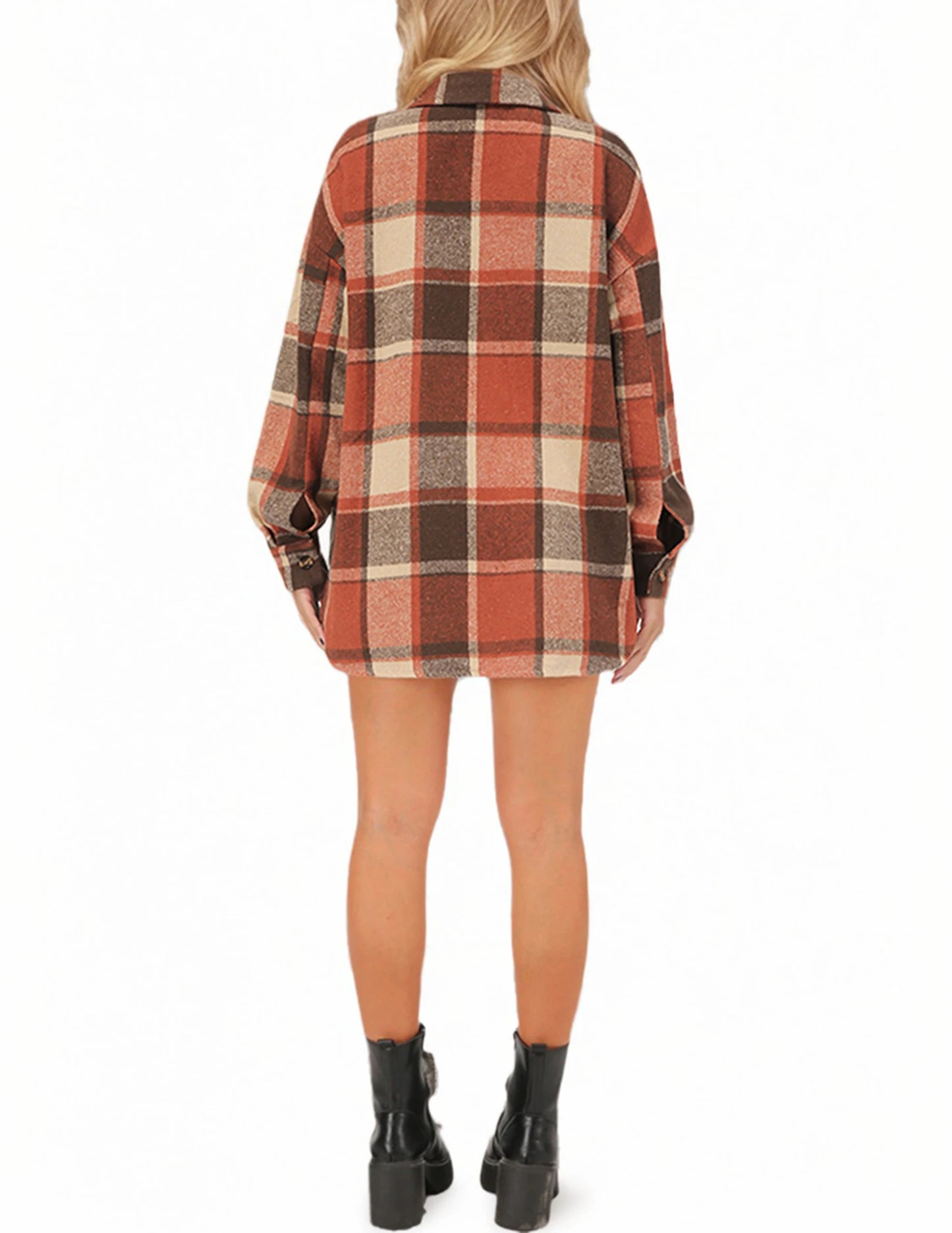 Women's Chequered Shirt Jacket, Long Sleeves, Loose Shacket, Flannel Shirt Blouse