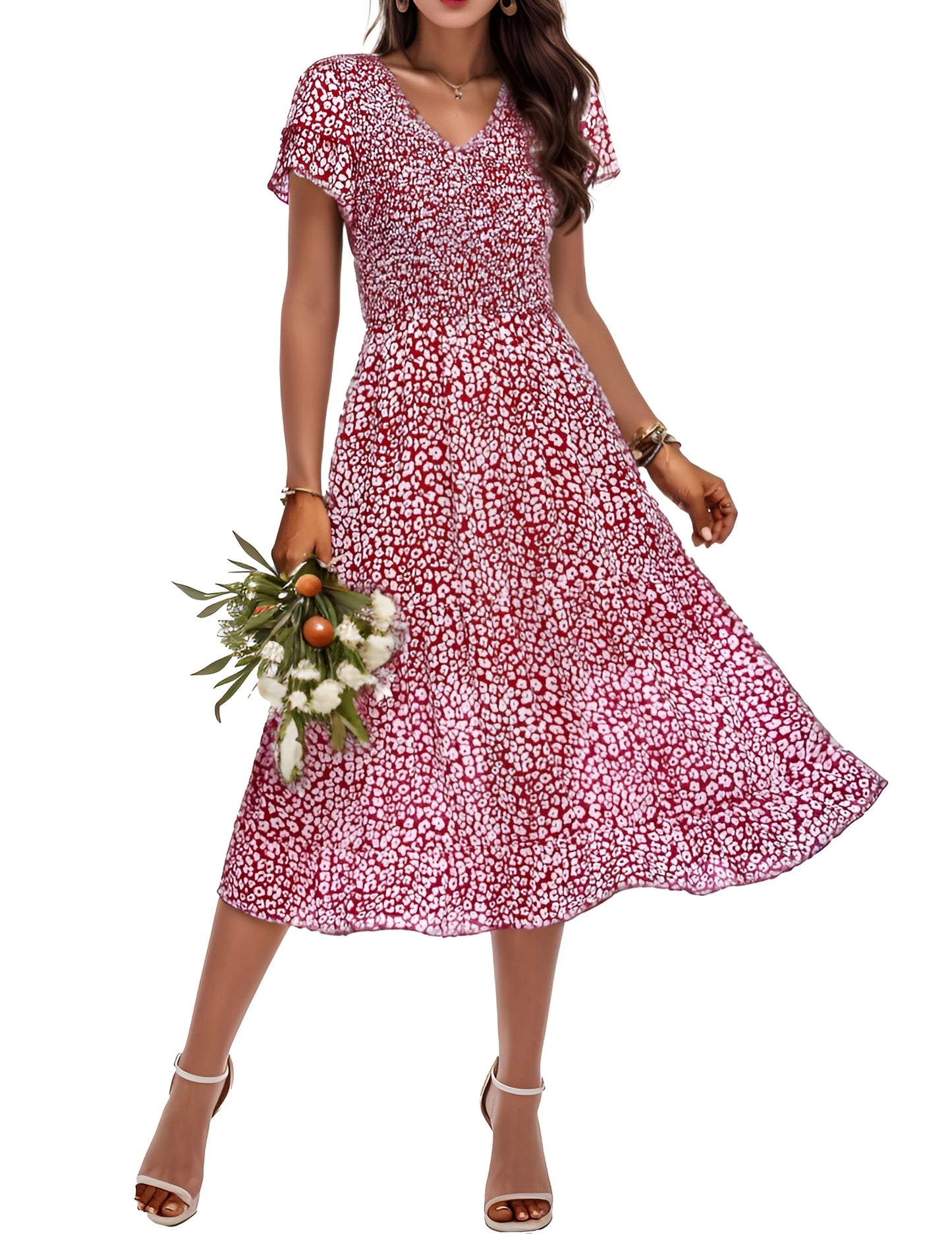 Women Casual Dress Summer Ruffles Tiered Sleeve Smocked Midi Dresses