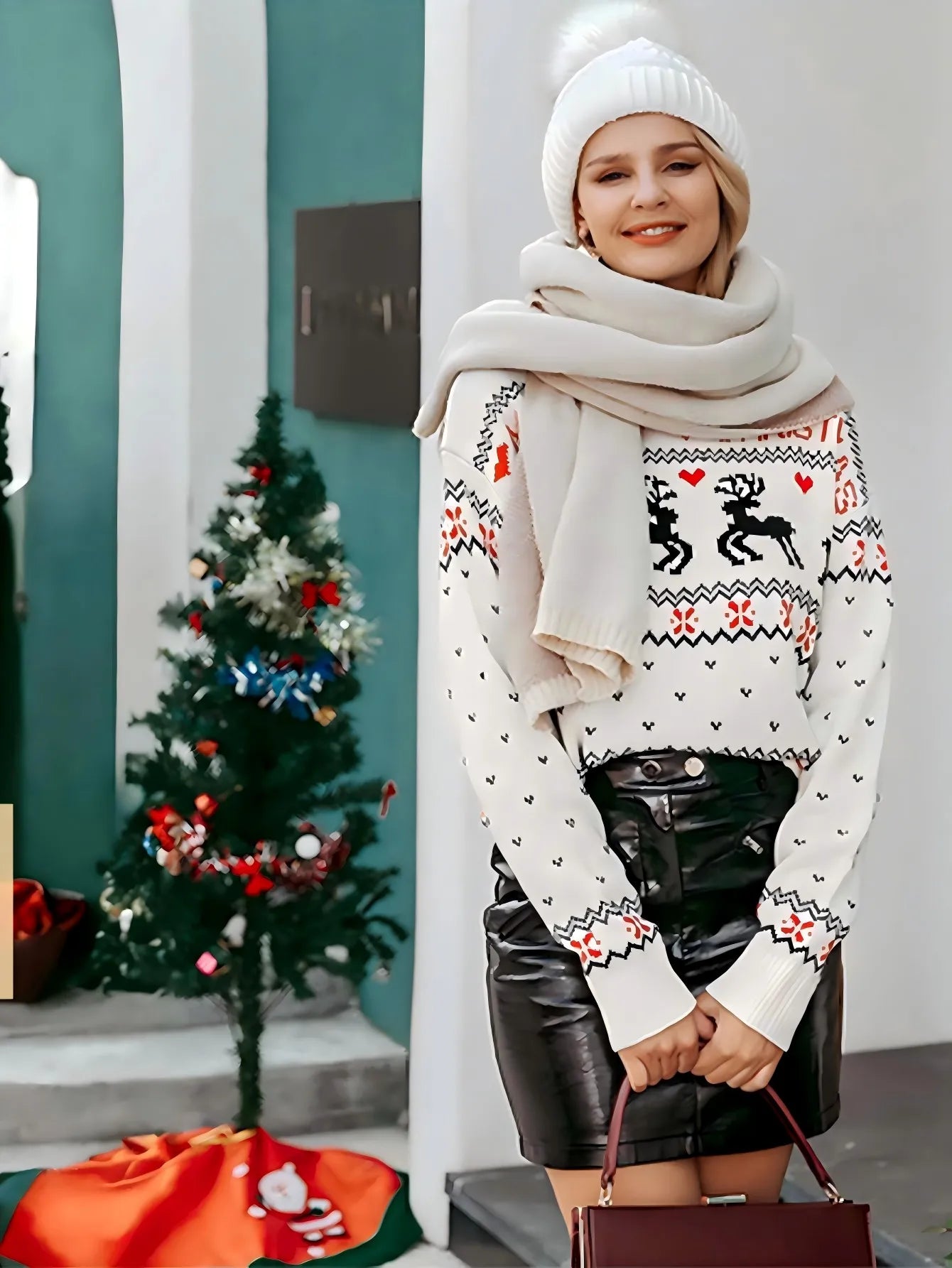 Loose sweater long sleeves round neck sweetheart neckline design, Christmas theme