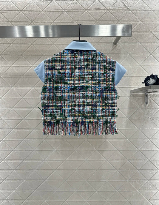 Chiffon Blouse Collared Patch Short Sleeve Top Woven