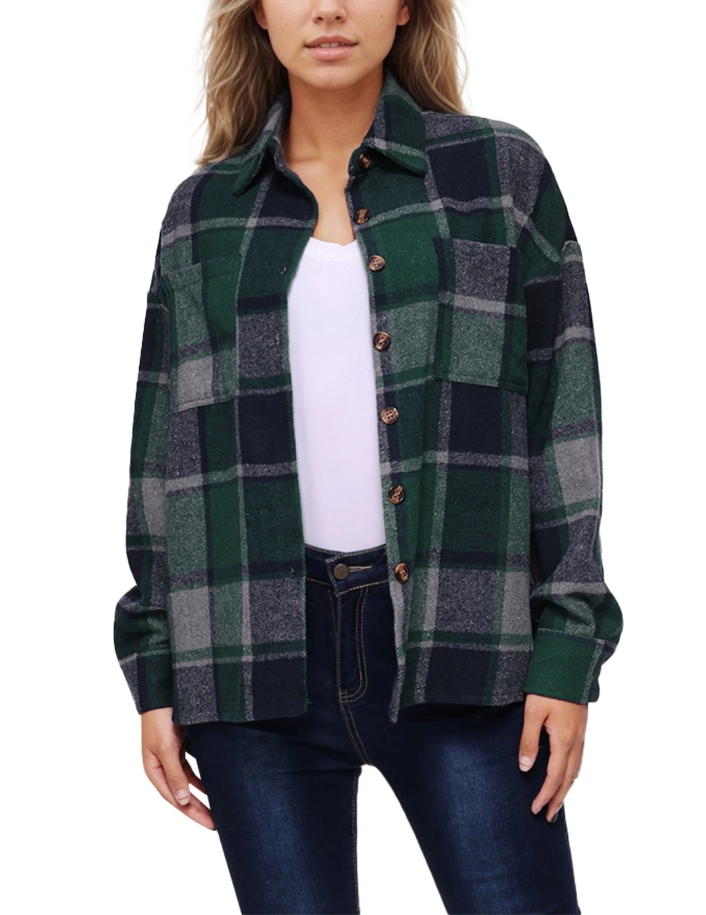 Women's Chequered Shirt Jacket, Long Sleeves, Loose Shacket, Flannel Shirt Blouse