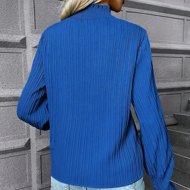 Fashion Women's Clothing Turtleneck Top Casual Slim Vertical Pleats Long Sleeves