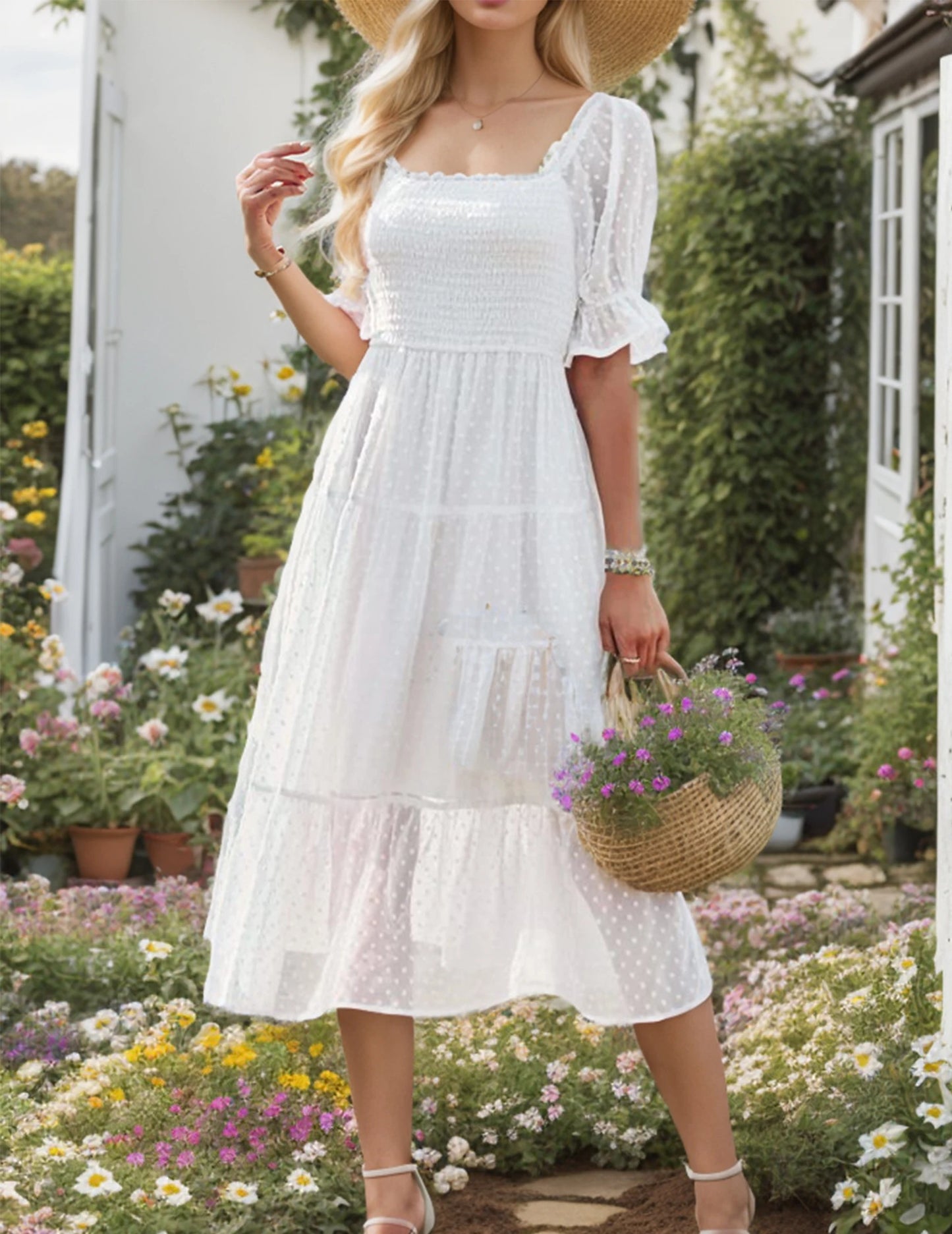 Women's Square Neck Puff Sleeve Boho Midi Dress Swiss Dot Ruffle Tie Back Dress