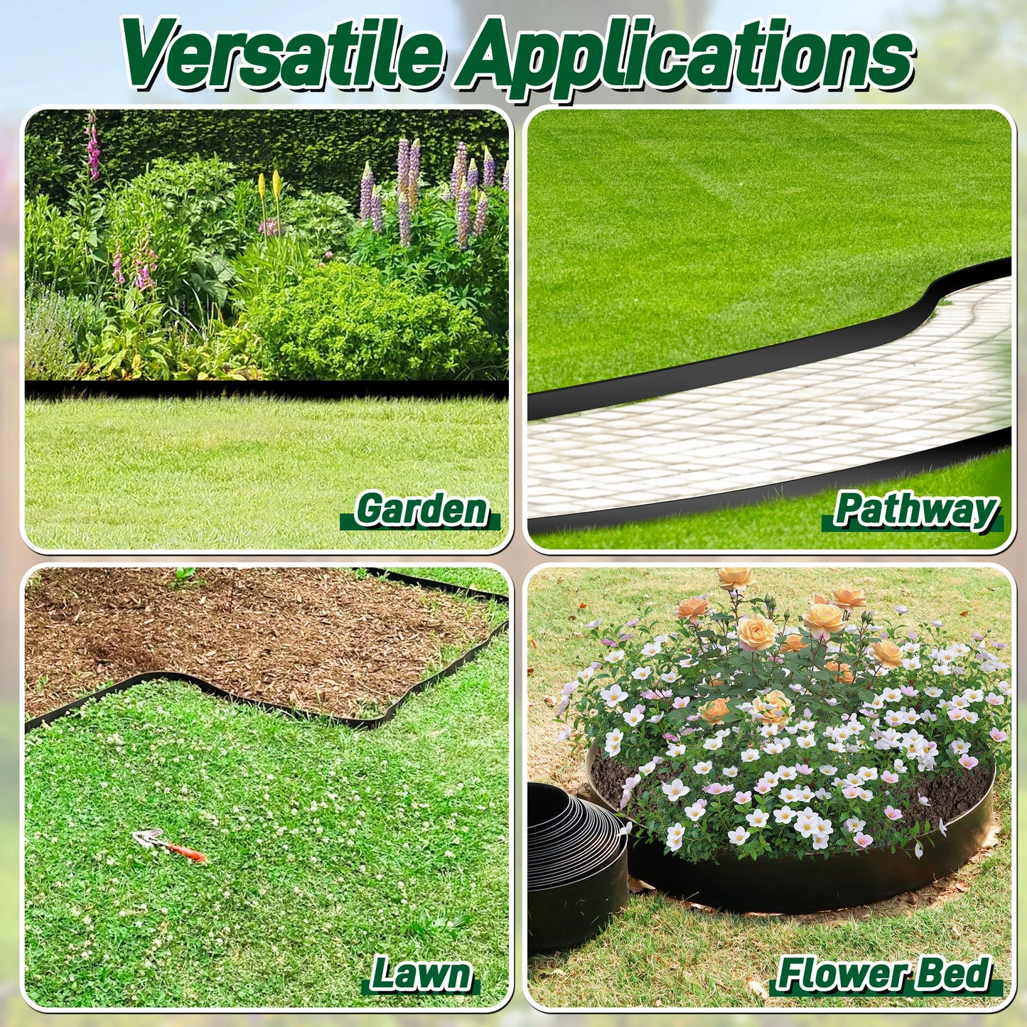 33FT Landscape Edging Kit, Garden Edging Coil Comes with 30 Pcs Spikes, No Dig Lawn Border Design