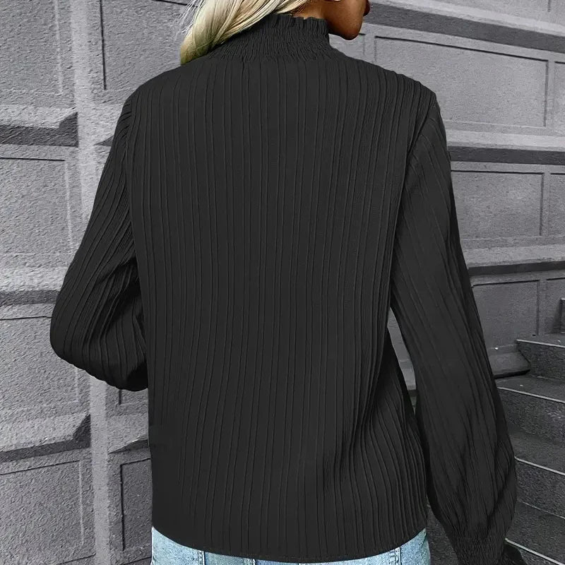 Fashion Women's Clothing Turtleneck Top Casual Slim Vertical Pleats Long Sleeves