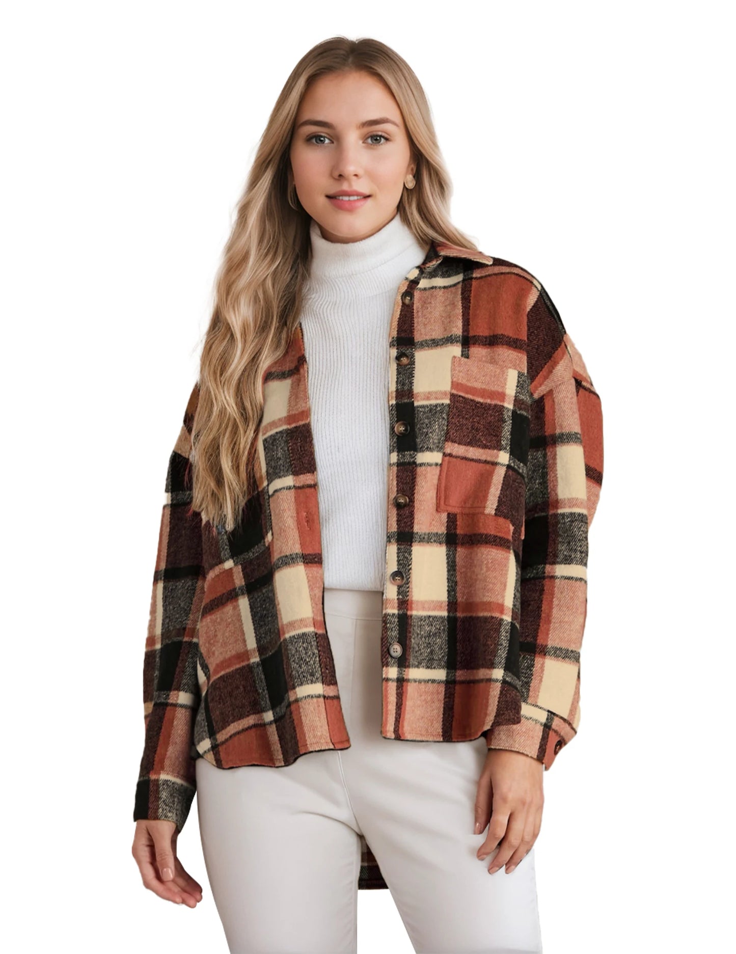 Women's Chequered Shirt Jacket, Long Sleeves, Loose Shacket, Flannel Shirt Blouse
