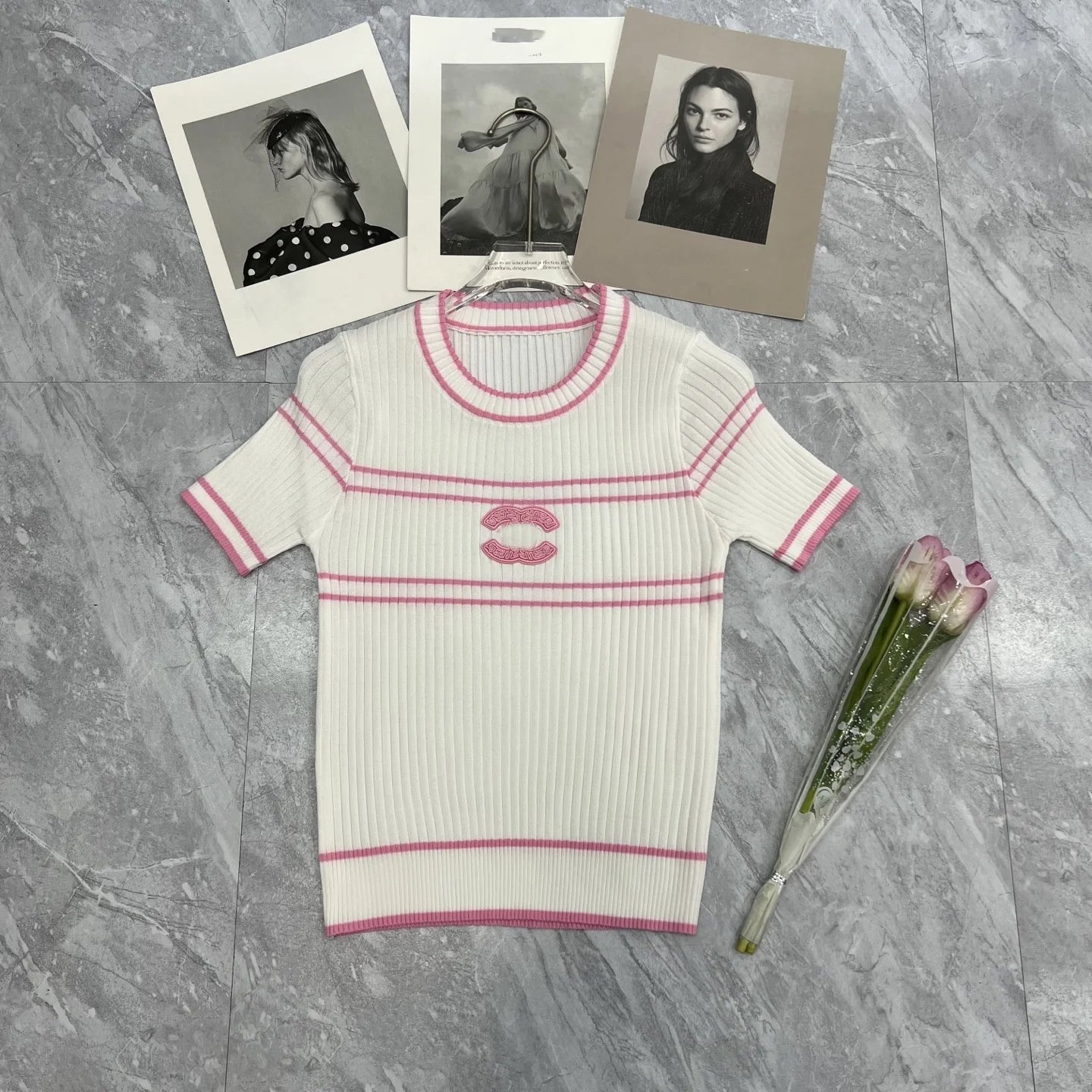 Summer Knitted Embroidered Striped Color blocked Top Fashionable Casual Wear Slim Women's T-shirt Breathable Round Neck Looks Th