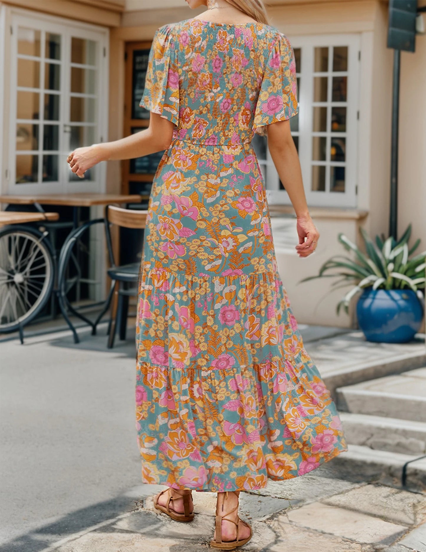 Casual Pastoral Style Floral Print Dress Long, Crewneck Short Sleeves High Waist