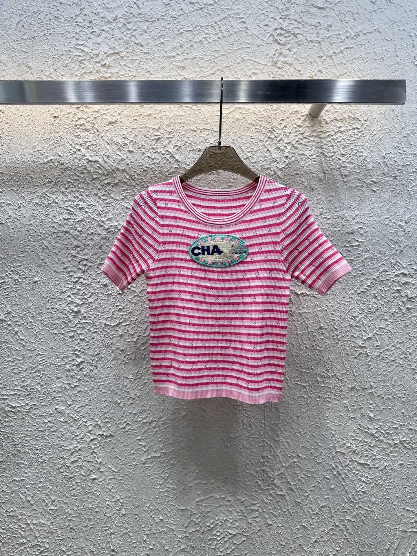 Summer Knitted Embroidered Striped Color blocked Top Fashionable Casual Wear Slim Women's T-shirt Breathable Round Neck Looks Th