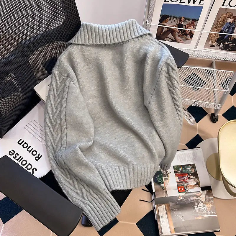 Tweed Lapel Zipper Cardigan Sweater for Women Vintage Knit Style