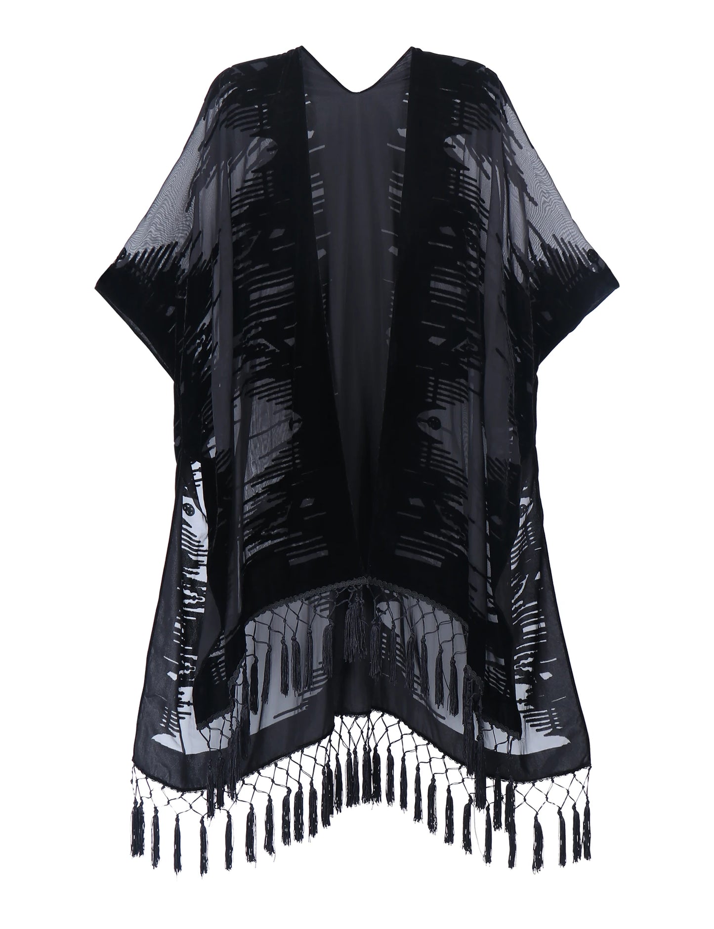 WeHello Women's Burnout Velvet Kimono Long Cardigan Cover Up with Tassel