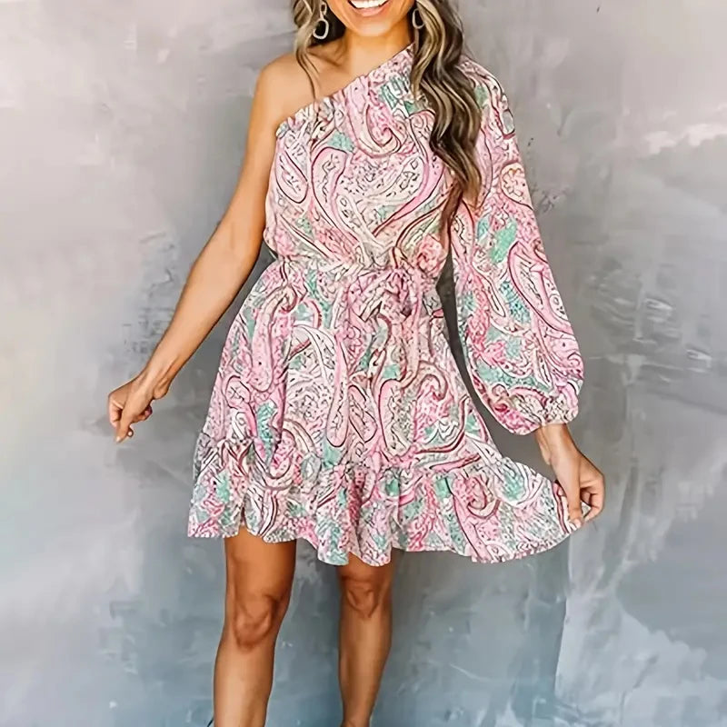 Casual Women's Printed Dress Hem Belted Dresses Fashion One Shoulder Ruffle