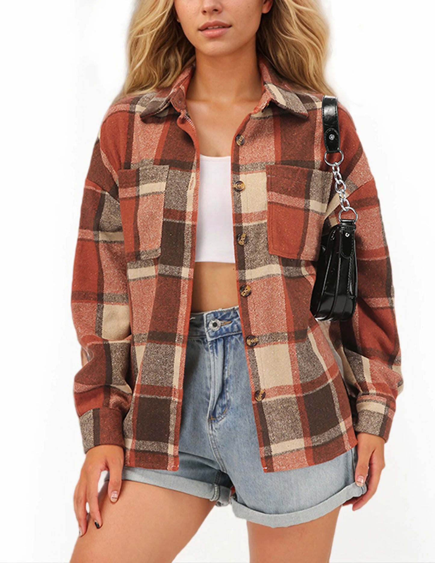 Women's Chequered Shirt Jacket, Long Sleeves, Loose Shacket, Flannel Shirt Blouse