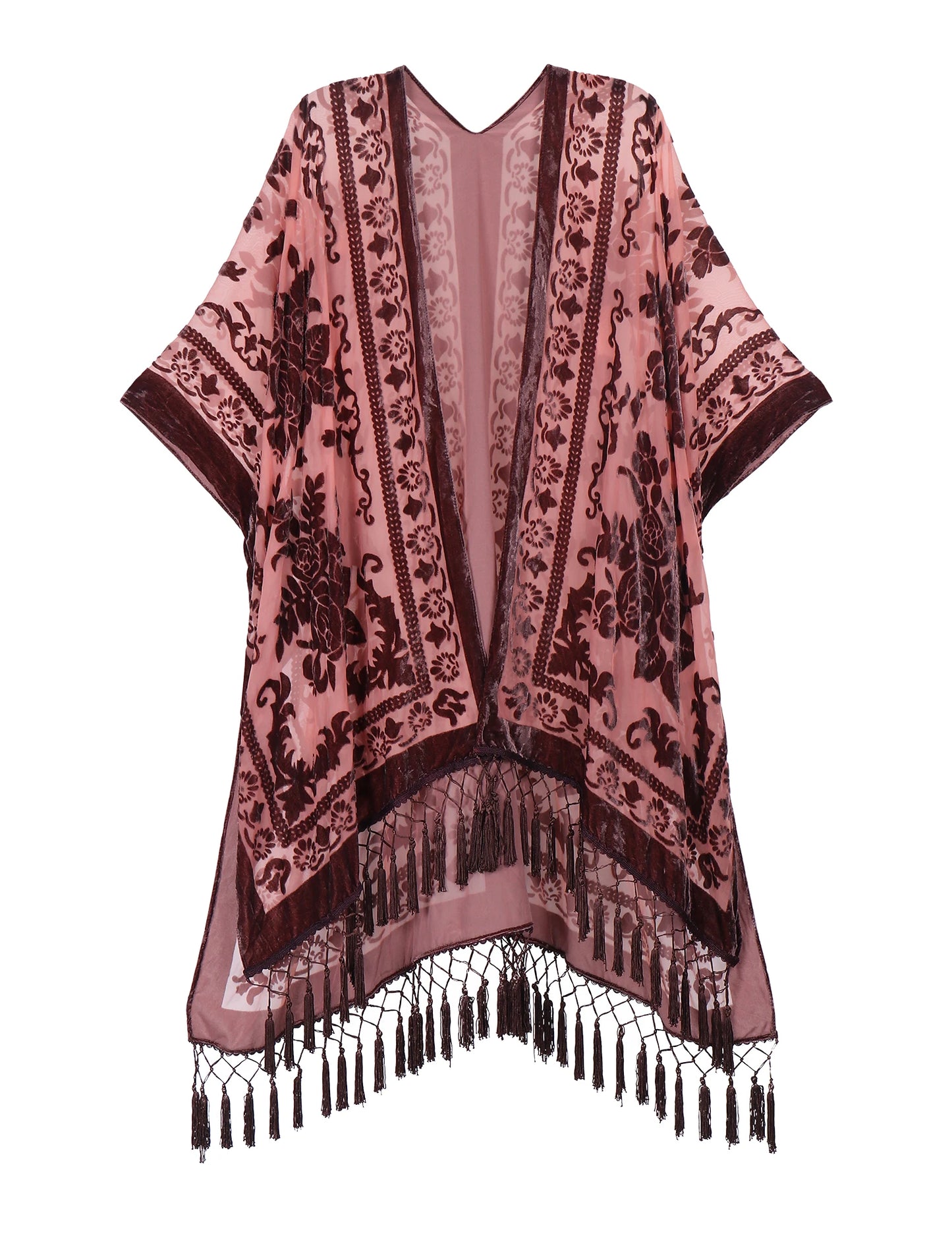 WeHello Women's Burnout Velvet Kimono Long Cardigan Cover Up with Tassel