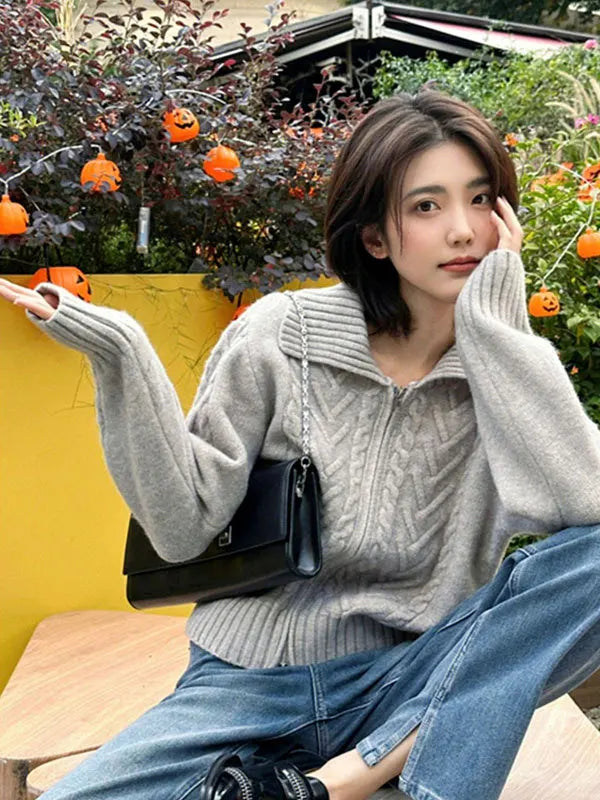 Tweed Lapel Zipper Cardigan Sweater for Women Vintage Knit Style