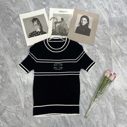 Summer Knitted Embroidered Striped Color blocked Top Fashionable Casual Wear Slim Women's T-shirt Breathable Round Neck Looks Th