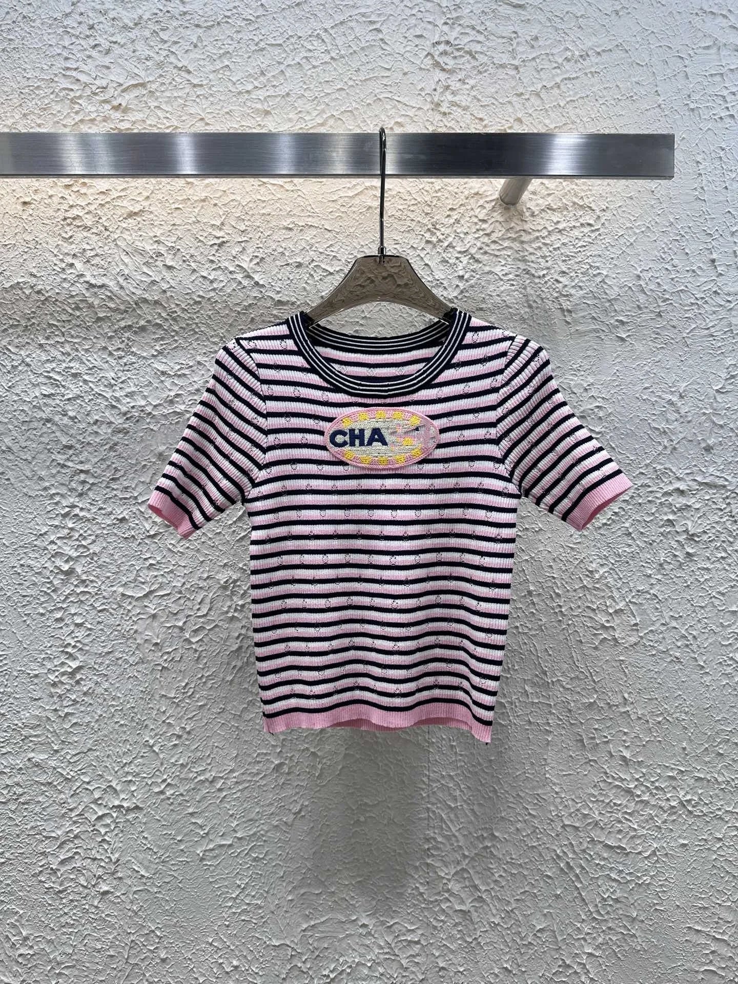 Summer Knitted Embroidered Striped Color blocked Top Fashionable Casual Wear Slim Women's T-shirt Breathable Round Neck Looks Th