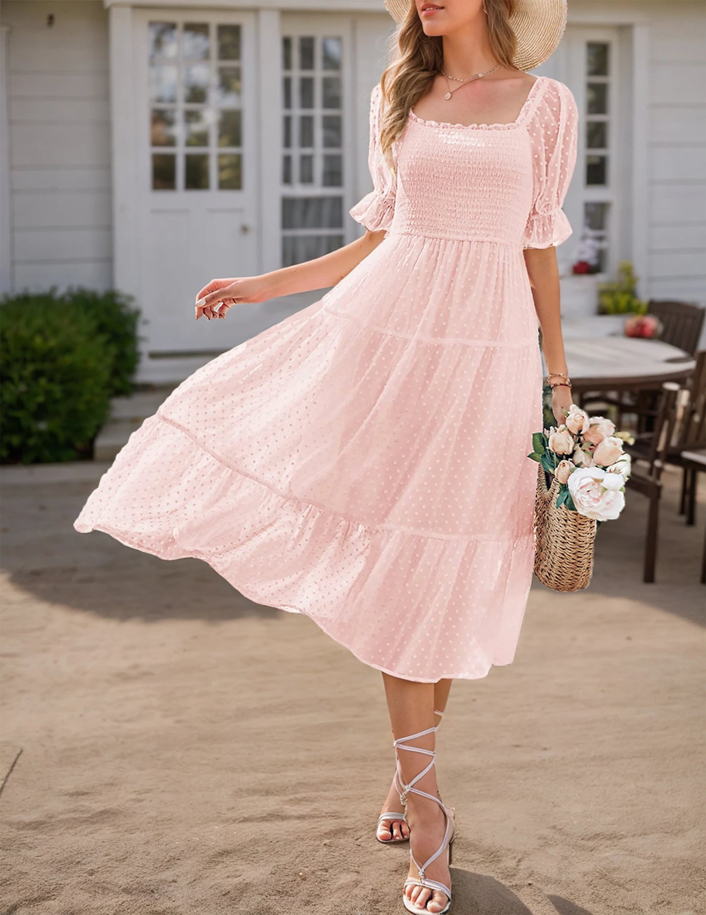 Women's Square Neck Puff Sleeve Boho Midi Dress Swiss Dot Ruffle Tie Back Dress