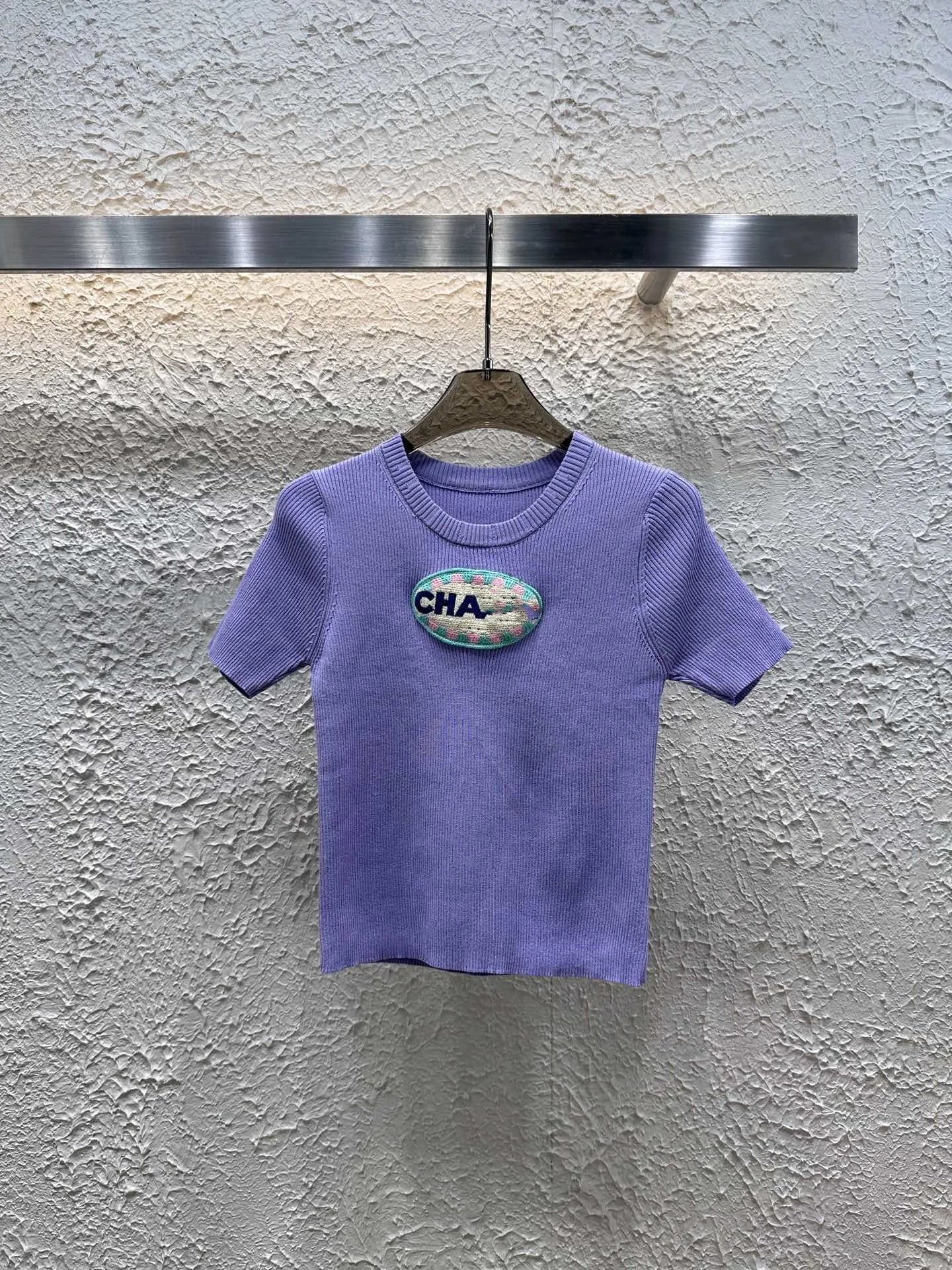 Summer Knitted Embroidered Striped Color blocked Top Fashionable Casual Wear Slim Women's T-shirt Breathable Round Neck Looks Th