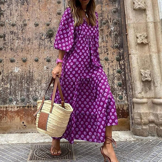 Casual Sommer Kleid Women's Dress Purple Buttons Elegant A-Linie Floral Skirt