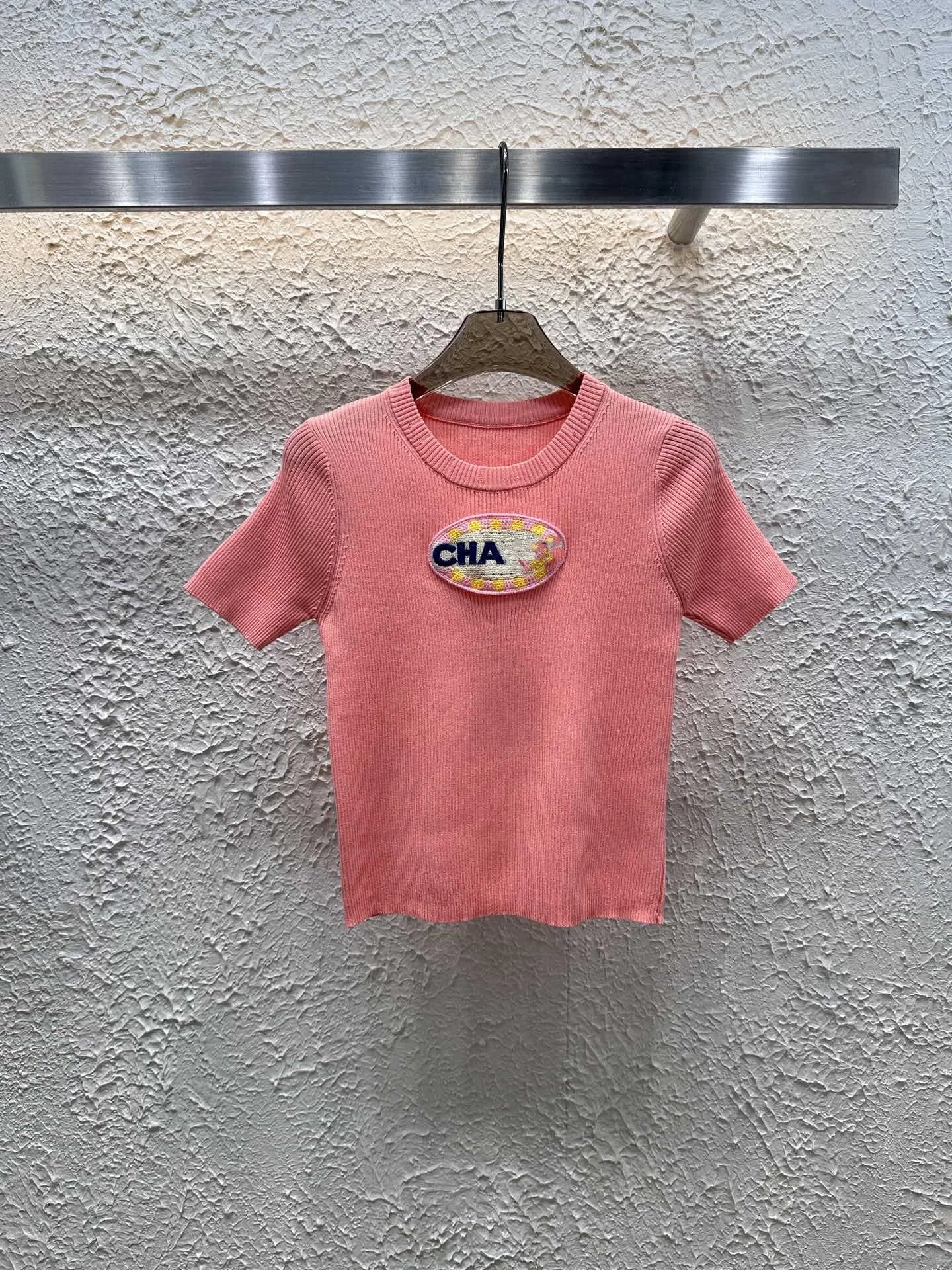 Summer Knitted Embroidered Striped Color blocked Top Fashionable Casual Wear Slim Women's T-shirt Breathable Round Neck Looks Th