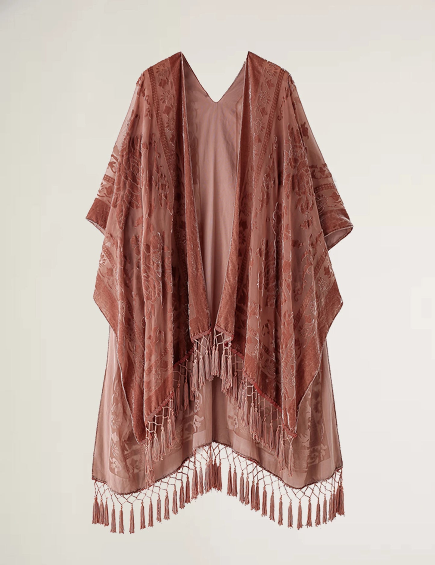 WeHello Women's Burnout Velvet Kimono Long Cardigan Cover Up with Tassel