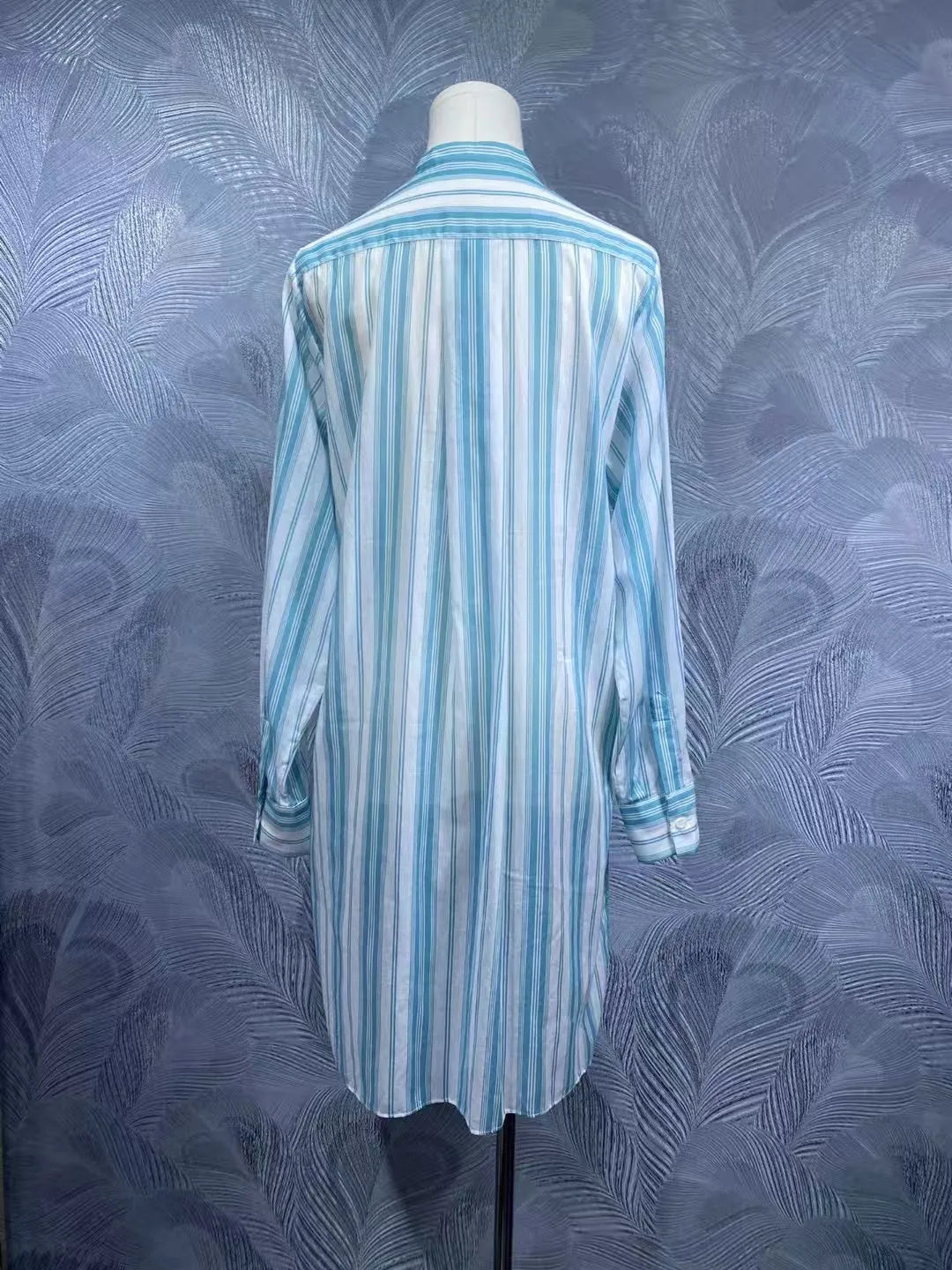 Women's summer stand collar cotton striped long sleeve shirt