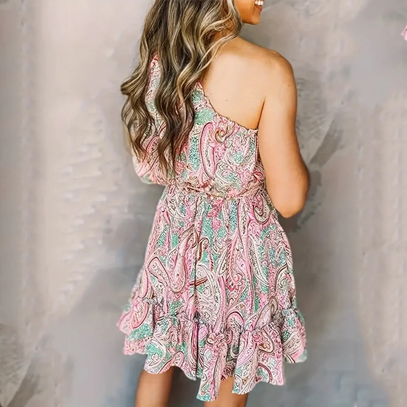 Casual Women's Printed Dress Hem Belted Dresses Fashion One Shoulder Ruffle