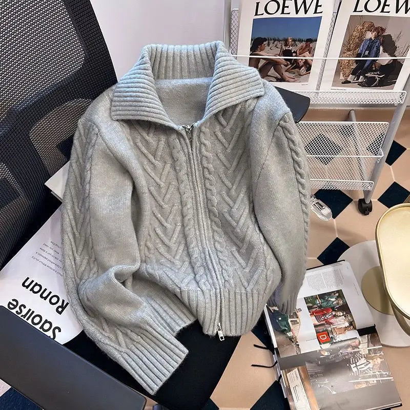 Tweed Lapel Zipper Cardigan Sweater for Women Vintage Knit Style